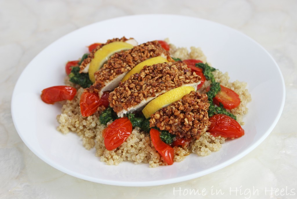 Almond-Crusted Chicken Breasts with Pesto, Roasted Tomatoes, & Quinoa Recipe from Martha Stewart Living & Home in High Heels