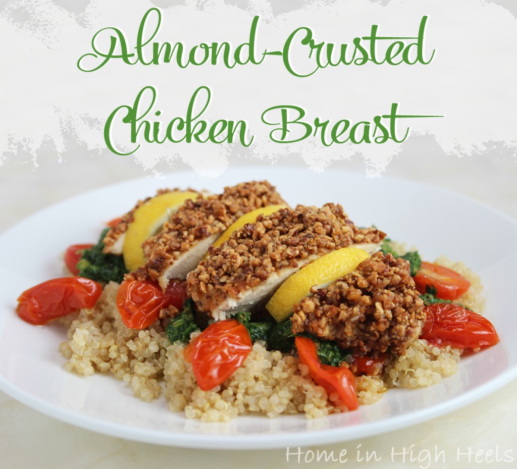 Almond-Crusted Chicken Breasts with Pesto, Roasted Tomatoes, & Quinoa Recipe from Martha Stewart Living & Home in High Heels