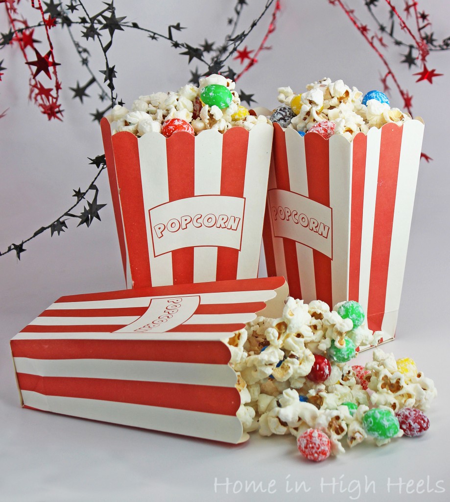 This White Chocolate M&M Popcorn Recipe is the Perfect Mix for Parties! Get party ready FAST with this kid-friendly adult-pleasing snack mix that you can really customize! from Home in High Heels