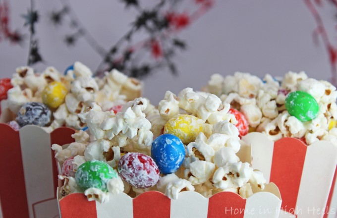 This White Chocolate M&M Popcorn Recipe is the Perfect Mix for Parties! Get party ready FAST with this kid-friendly adult-pleasing snack mix that you can really customize! from Home in High Heels