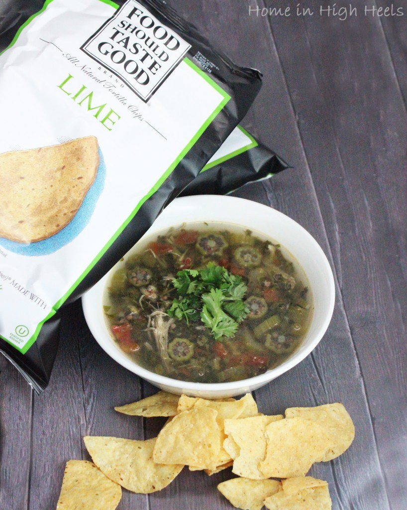Crockpot Chicken Tortilla Soup + Food Should Taste Good Chips! Slowcooker soups are perfect for lunch or dinner & you can really pack in the veggies & flavor! This version uses chicken, okra, & more but you can really customize this recipe! Check it out on Home in High Heels