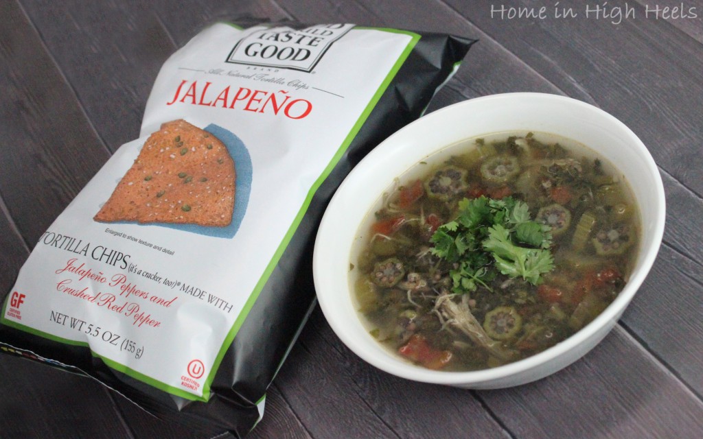 Crockpot Chicken Tortilla Soup + Food Should Taste Good Chips! Slowcooker soups are perfect for lunch or dinner & you can really pack in the veggies & flavor! This version uses chicken, okra, & more but you can really customize this recipe! Check it out on Home in High Heels