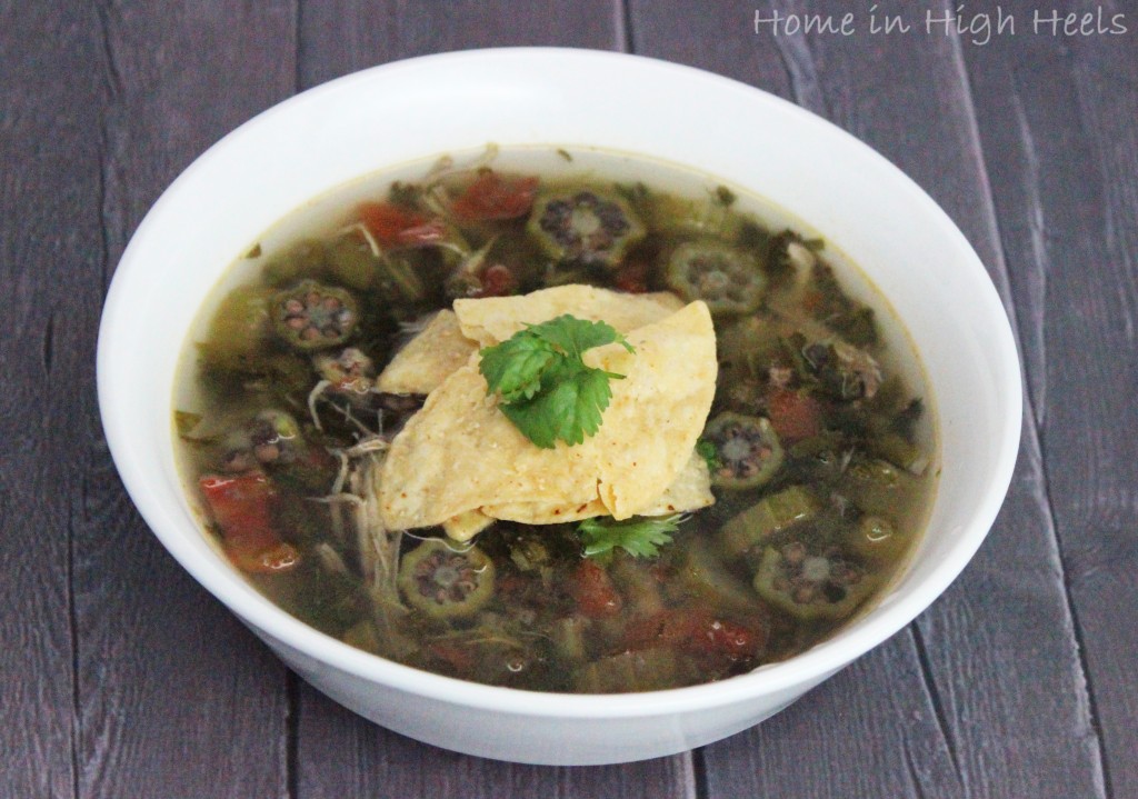 Crockpot Chicken Tortilla Soup + Food Should Taste Good Chips! Slowcooker soups are perfect for lunch or dinner & you can really pack in the veggies & flavor! This version uses chicken, okra, & more but you can really customize this recipe! Check it out on Home in High Heels