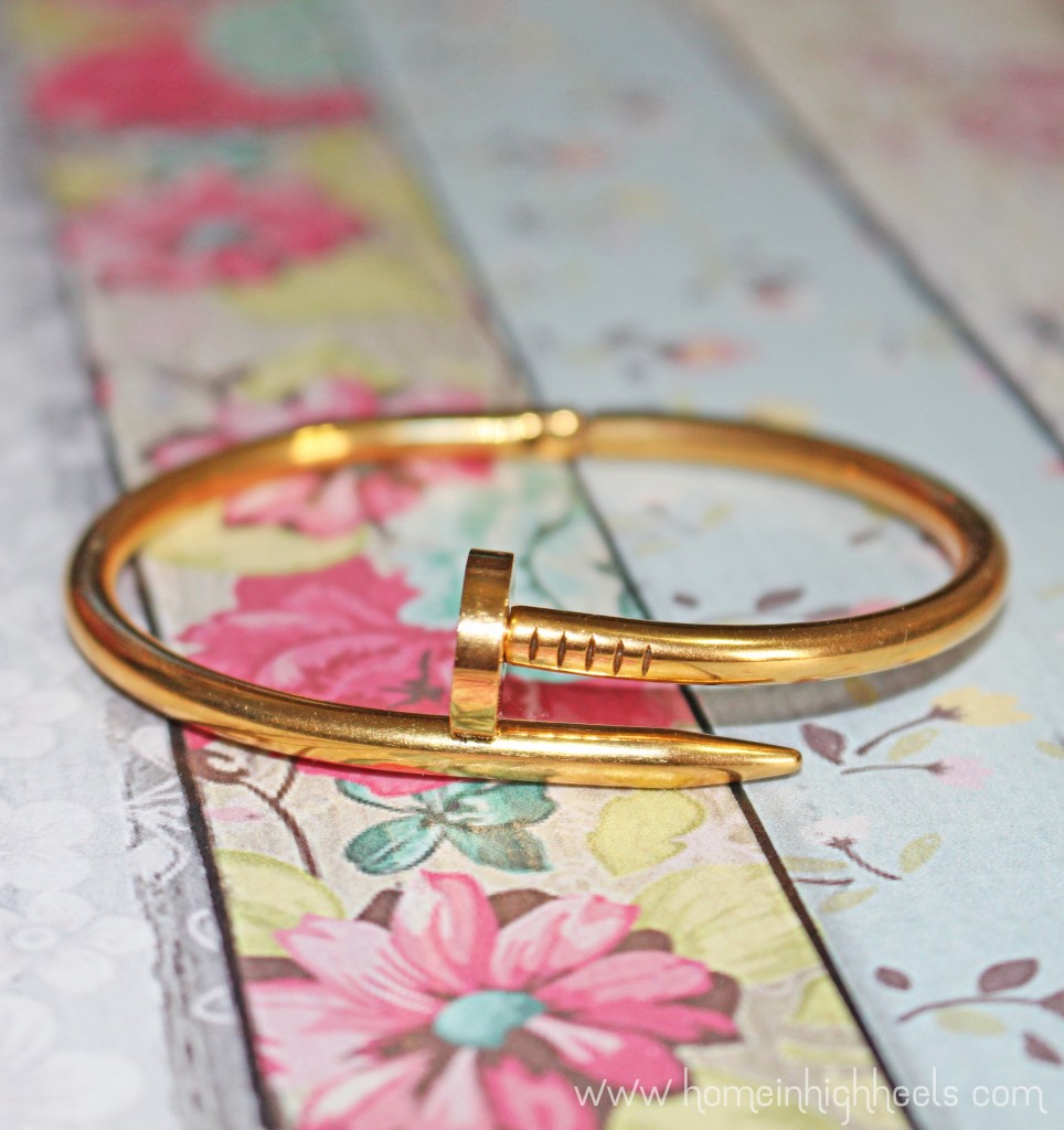 Add Some Construction to Your Look With this Nail Bracelet! This is a fun industrial touch that adds some glam without being the high price of Cartier. Check it out along with other lifestyle posts on Home in High Heels | www.homeinhighheels.com
