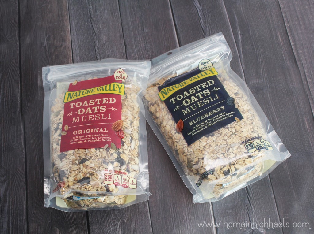 A delicious Muesli Breakfast Bowl with Peaches & Maple  using the Nature Valley Toasted Oats Muesli which has rolled oats, fruit, nuts, & seeds. This healthy recipe is easy to customize, makes breakfast & brunches fun, & tastes wonderful! Check it out on Home in High Heels | www.homeinhighheels.com