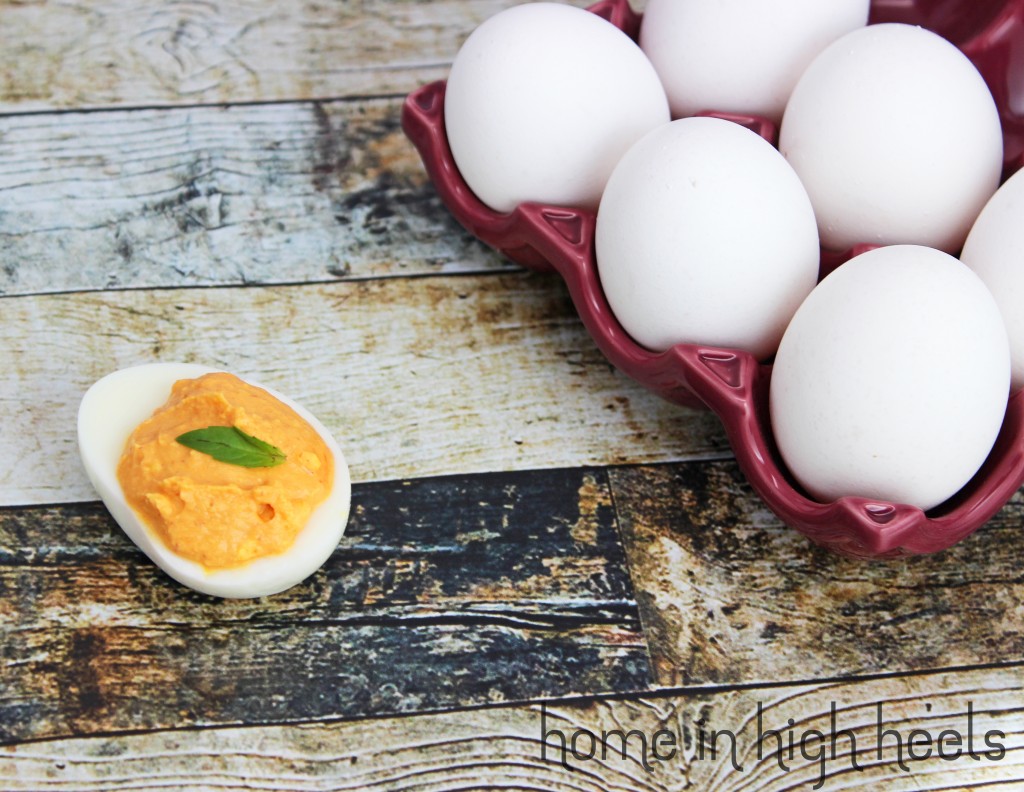 Thai Basil Sriracha Deviled Eggs Recipe on Home in High Heels | www.homeinhighheels.com