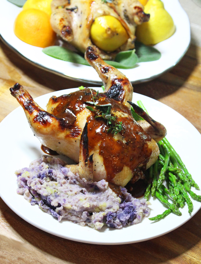 Citrus Honey Sage Glazed Cornish Hens Recipe & Demo- create your own glaze & chow down on a recipe that looks more gourmet than it is to prepare! They're impressive & a bit different . & perfect to wow your guests! Read more on Home in High Heels