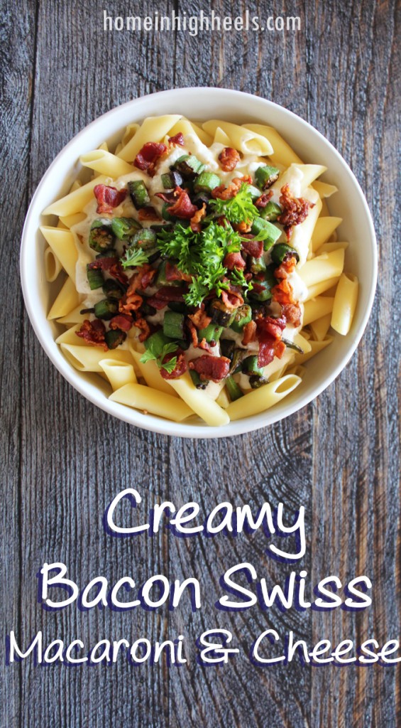A dreamy, creamy stovetop Bacon Okra Swiss Mac & Cheese Recipe. Check out more recipes, lifestyle, & travel posts on Home in High Heels