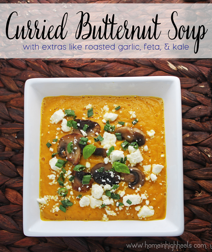 Simple Butternut Squash Soup Recipe + Lots of Topping Ideas like curry, mushrooms, feta, herbs, & more! See lots of recipes, lifestyle posts, & style ideas on Home in High Heels