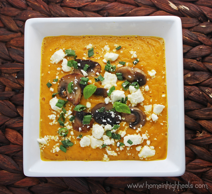 Simple Butternut Squash Soup Recipe + Lots of Topping Ideas like curry, mushrooms, feta, herbs, & more! See lots of recipes, lifestyle posts, & style ideas on Home in High Heels
