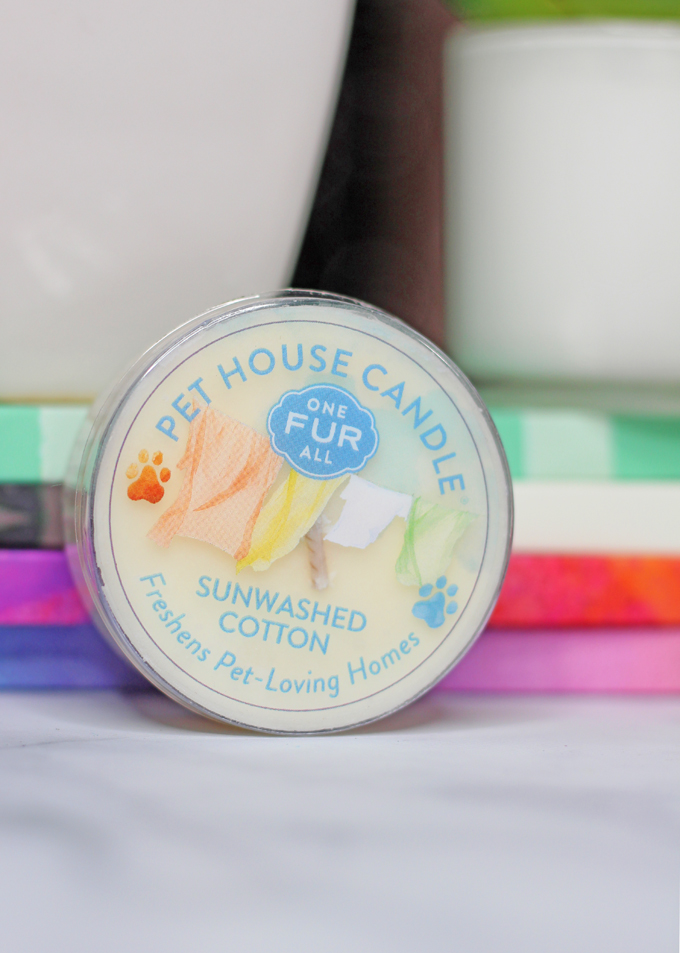 This is the Sunwashed Cotton Candle Meet the perfect hand poured, dye-free candles for your home- especially if you have pets! One Fur All Pet House Candle Mini Sampler Spring Mix Review on Home in High Heels
