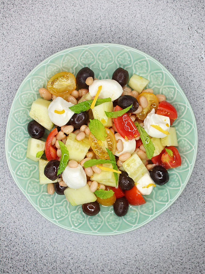 Summer salad recipe packed with protein! Vegetarian, easily vegan, & fresh! Perfect for BBQ or picnics on a budget to feed a crowd on Home in High Heels