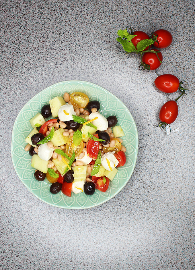 Summer salad recipe packed with protein! Vegetarian, easily vegan, & fresh! Perfect for BBQ or picnics on a budget to feed a crowd on Home in High Heels