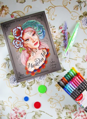 A peek into Marked in Ink- the ultimate cool coloring book designed by tattoo artist Megan Massacre on Home in High Heels