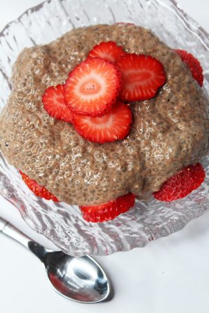 Chocolate Chia Pudding with Strawberries- a gluten free, dairy free, keto, low carb, high fiber recipe! See more lifestyle, recipes, & fun on Home in High Heels