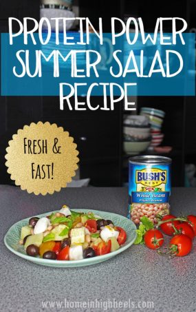 Summer salad recipe packed with protein! Vegetarian, easily vegan, & fresh! Perfect for BBQ or picnics on a budget to feed a crowd on Home in High Heels