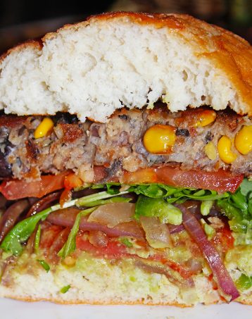 Southwest Burger, a soy patty with chipotle vegan mayo, grilled onion, japapeno, guacamole and served with truffle fries In Downtown Las Vegas, see the Glegan Menu (Gluten-Free & Vegan) at Triple George Grill with a bonus pescetarian option on Home in High Heels