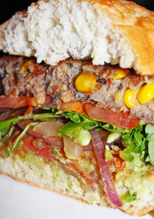 Southwest Burger, a soy patty with chipotle vegan mayo, grilled onion, japapeno, guacamole and served with truffle fries In Downtown Las Vegas, see the Glegan Menu (Gluten-Free & Vegan) at Triple George Grill with a bonus pescetarian option on Home in High Heels