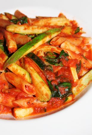 Penne Primavera with zucchini, squash, red peppers, spinach and tomato sauce In Downtown Las Vegas, see the Glegan Menu (Gluten-Free & Vegan) at Triple George Grill with a bonus pescetarian option on Home in High Heels