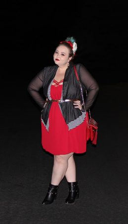 Strappy red dress with red bralette, Bacino Design striped black & white cardigan sweater, chunky studded boots, & read leather studded bag curvy OOTD Black, White, Red, & French! Oh La La Bistro Restaurant Recap in Las Vegas with Christmas in Paris Little Red Dress Curvy OOTD on Home in High Heels