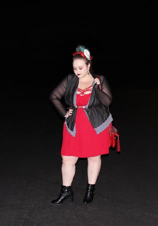 Strappy red dress with red bralette, Bacino Design striped black & white cardigan sweater, chunky studded boots, & read leather studded bag curvy OOTD Black, White, Red, & French! Oh La La Bistro Restaurant Recap in Las Vegas with Christmas in Paris Little Red Dress Curvy OOTD on Home in High Heels