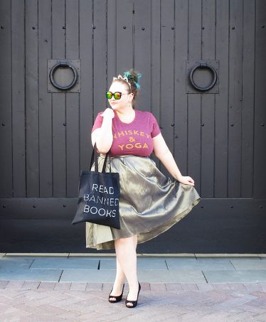 Whiskey & Yoga + Read Banned Books Curvy OOTD with Mirrored Sunglasses Gather up your gift cards, your wishlists, & your extra holiday cash & check out what I'm recommending you pick up for an awesome new year including speakers, mugs, whiskey, yoga, & accessories on Home in High Heels