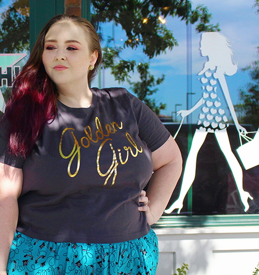 Plus/Curvy look into Joanie Clothing vintage picks with a Golden Girls Crop, Telephone Skirt, & Gold Starry Night Dress along with Zella ankle boots from Me Too on Home in High Heels